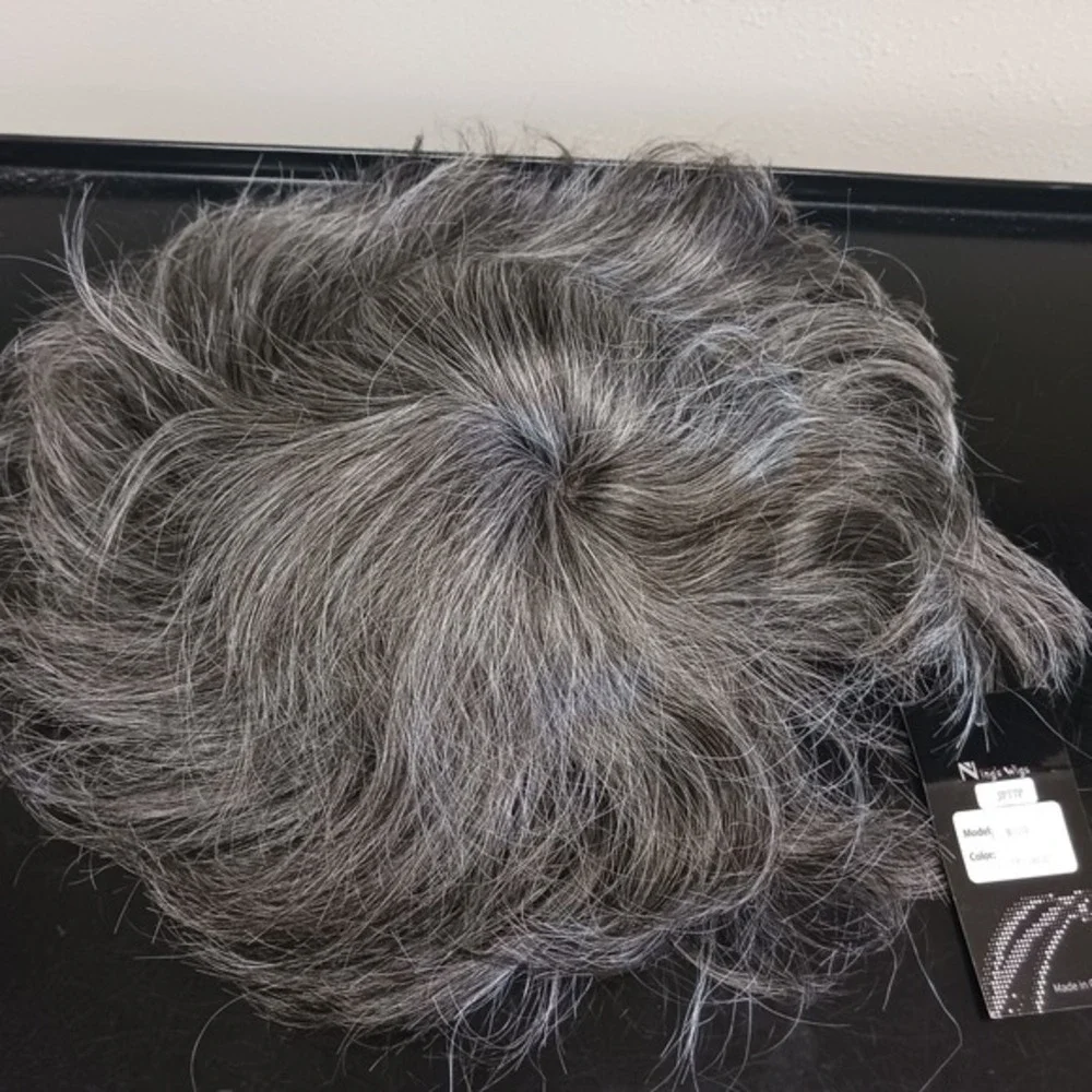 Ning's Wigs Mens Toupee Model M100 Color 1BASH50 Salt and Pepper Hairpiece‎ NEW